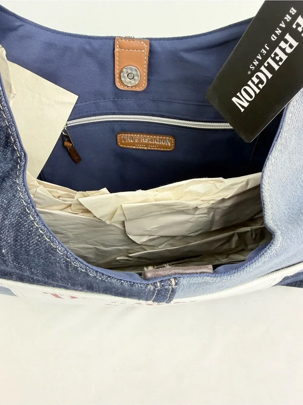 True Religion Blue White Patchwork Fade Denim Ticket Patch Hobo Shoulder Bag NEW